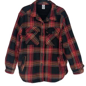 Plaid Button-Up Shacket Size Large Red and Black Checker Pattern Sherpa Lining